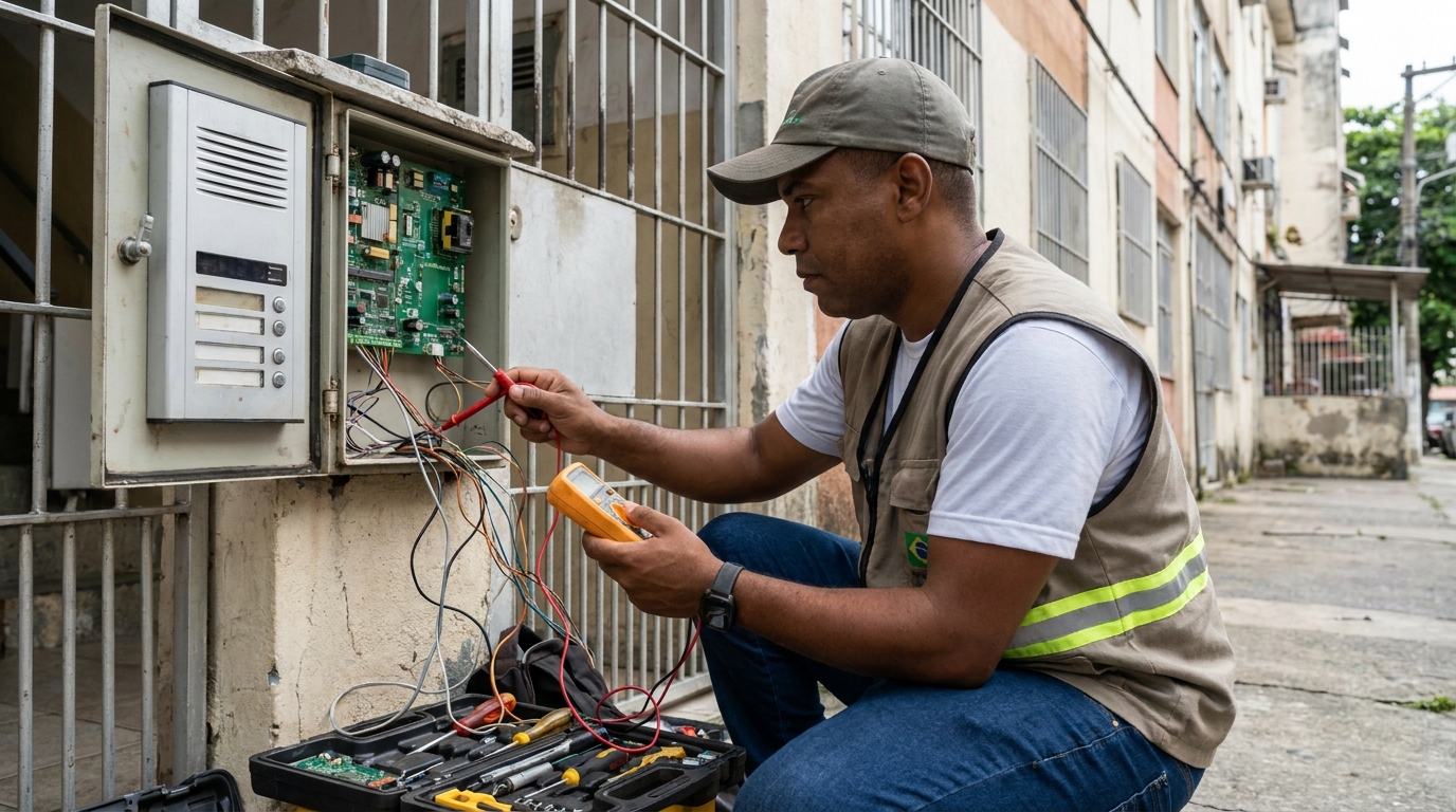 Eletricista consertando interfone em Santos‑SP