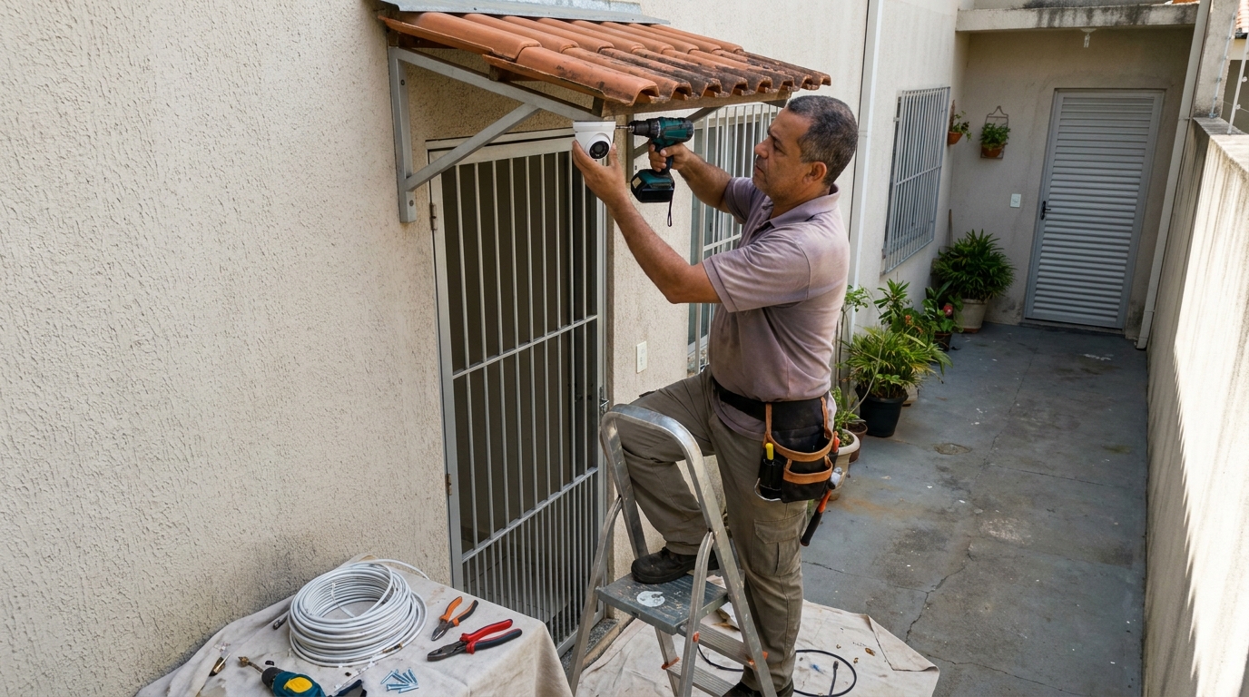 Eletricista instalando cameras de seguranca em Santos‑SP
