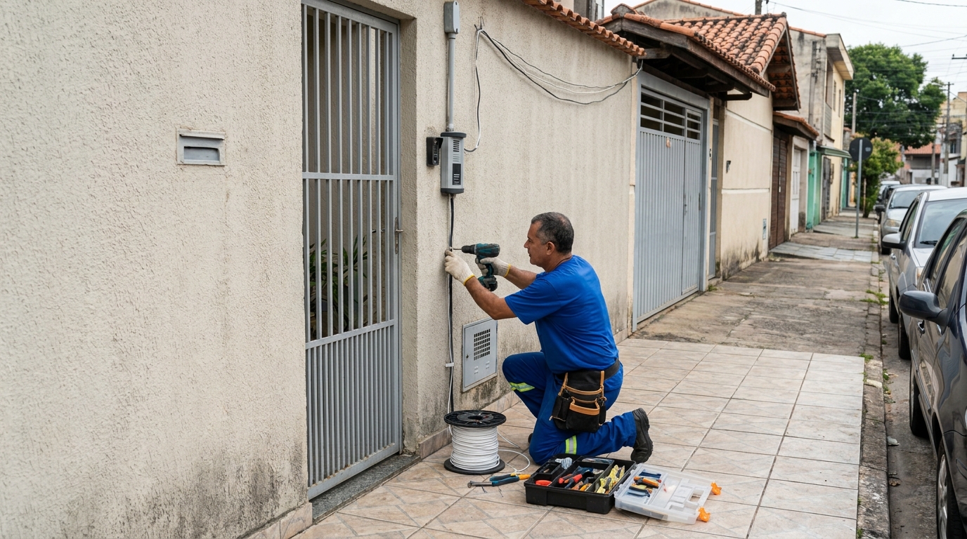 Eletricista instalando interfone em Santos‑SP