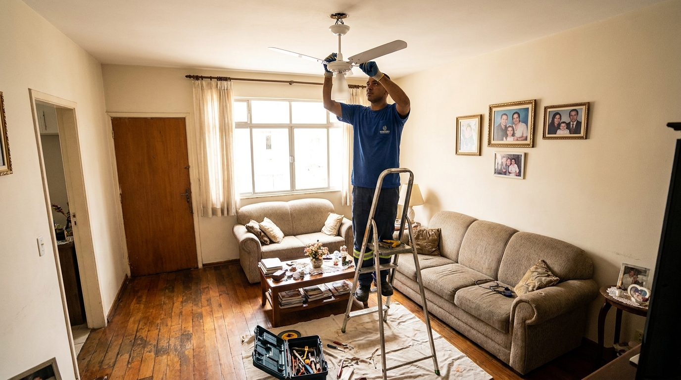 Eletricista instalando ventilador de teto em Santos‑SP